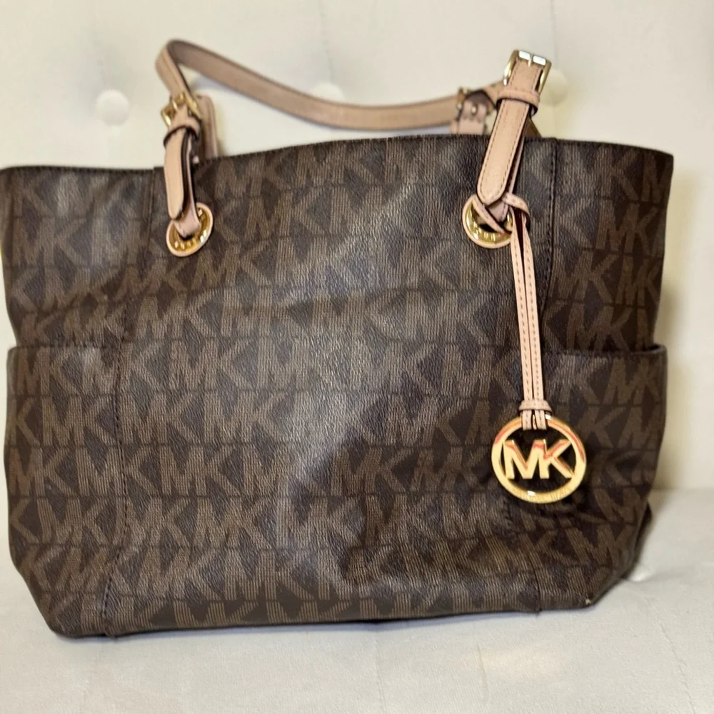 Michael Kors Jet Set Brown MK Signature Tote Bag Gold Charm Shoulder Purse - Picture 3 of 7